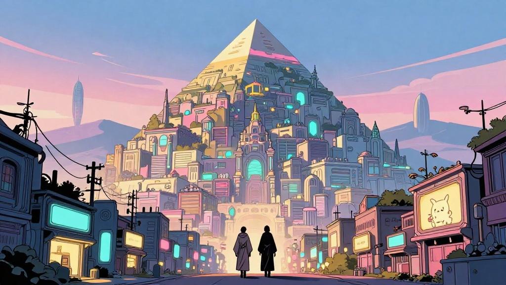AI-generated image: Two friends in robes walking on a path up towards a massive city in the shape of a pyramid.